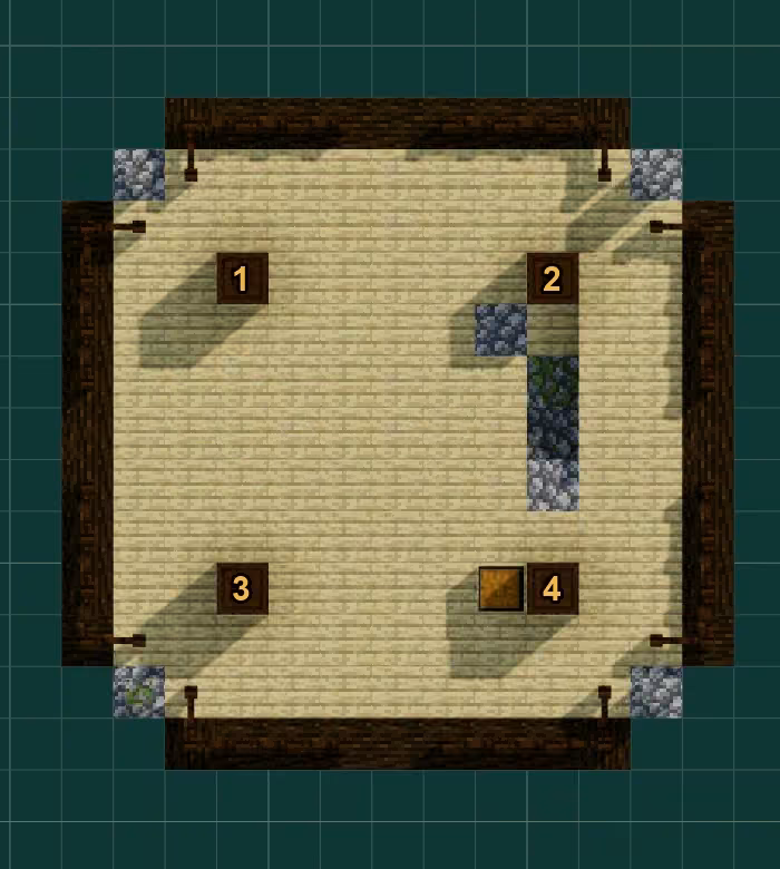 The pillager outpost tower seen from above, roof removed: the four corner pillars, the tower walls, the chest and the stairs are visible